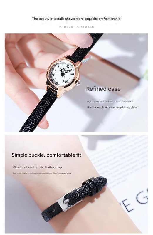 Rose Shell White Plate Green Belt Delicate Women's Watch - 20mm Roman Numeral Dial, Leather Strap 3