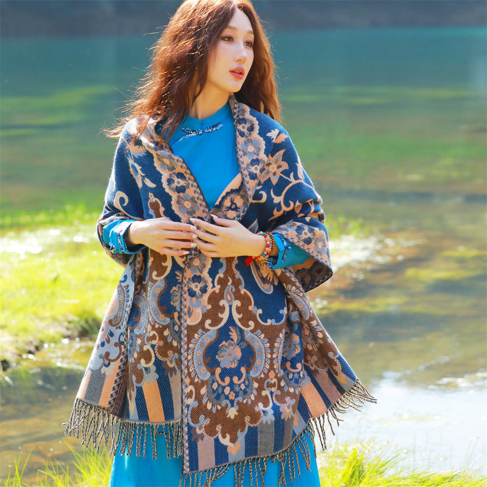 Style 2 Women's Ethnic Faux Cashmere Shawl Wrap - Jacquard Pattern Tassel Scarf (Flowers in full bloom blue) 3