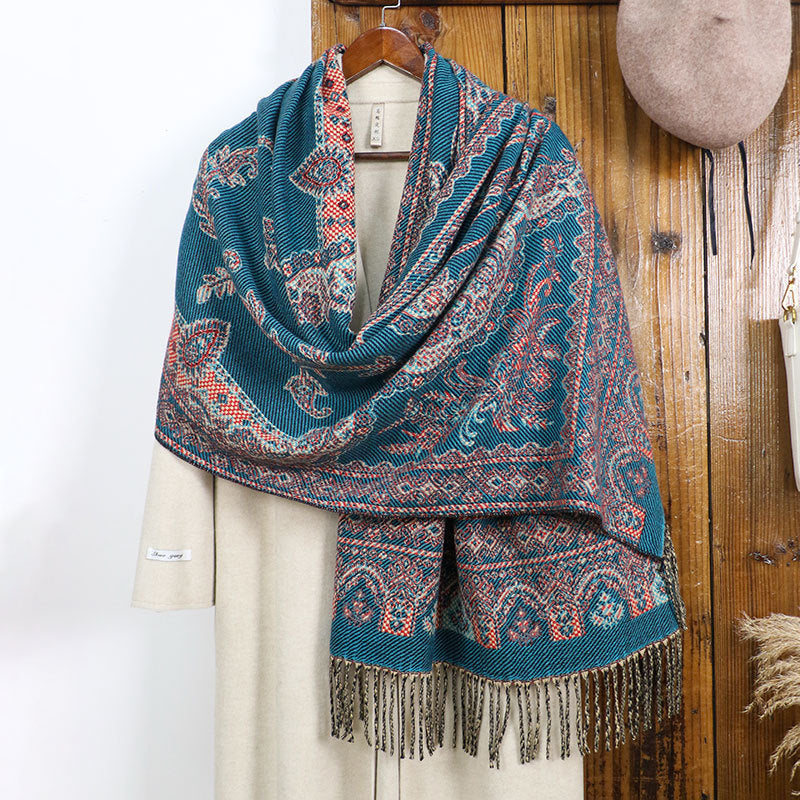 Style 3 Women's Ethnic Faux Cashmere Shawl Wrap - Jacquard Pattern Tassel Scarf (A unique blue) 3
