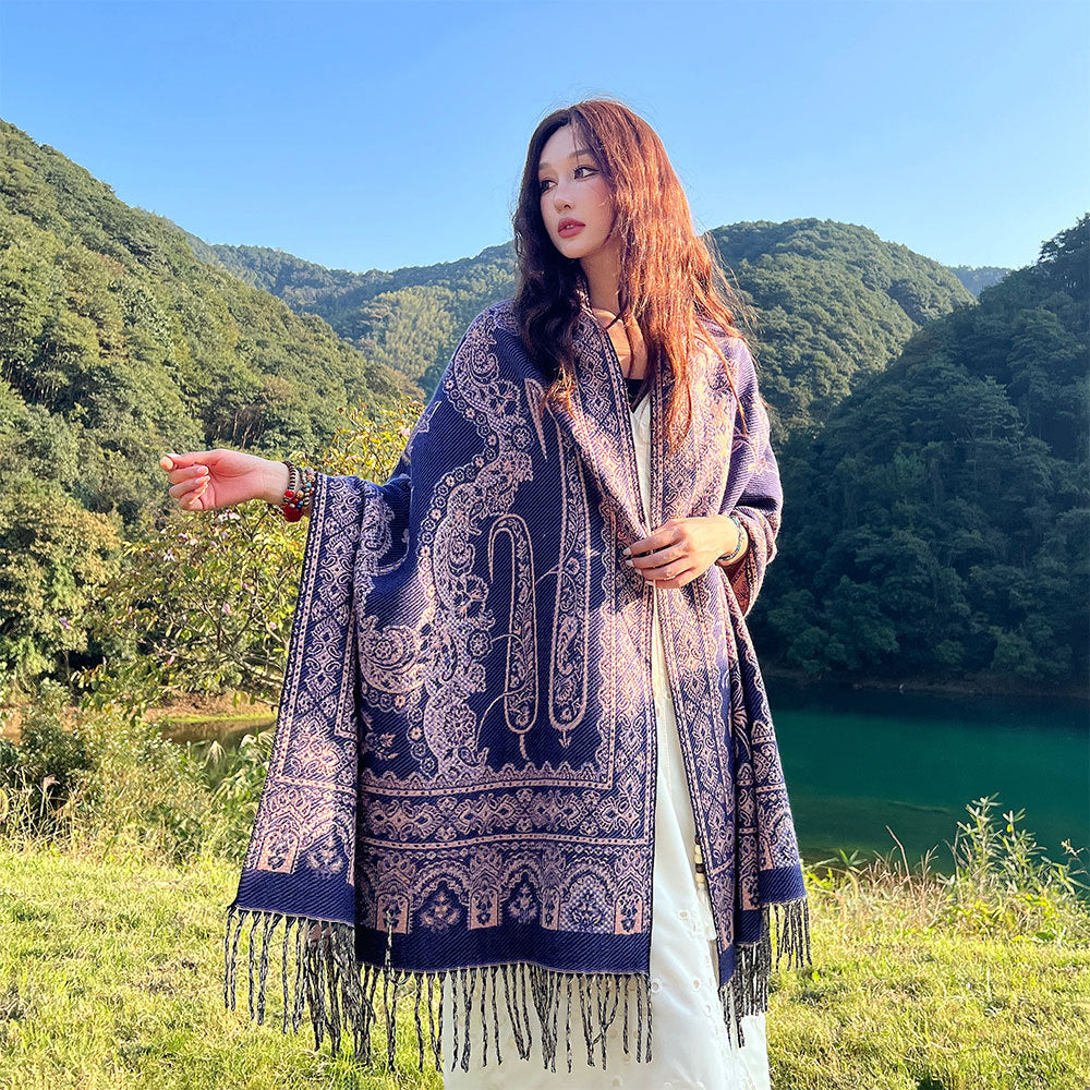 Style 4 Women's Ethnic Faux Cashmere Shawl Wrap - Jacquard Pattern Tassel Scarf (A unique hole purple) 3