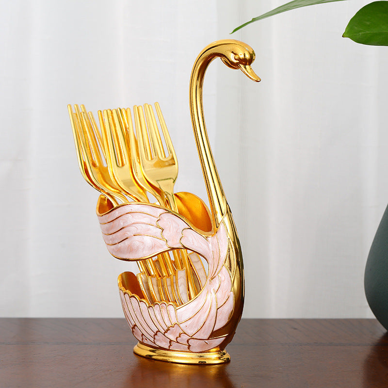 Elegant Swan Base Spoon Holder Set with 6 Coffee/Dessert Spoons(Gold Fork) 3