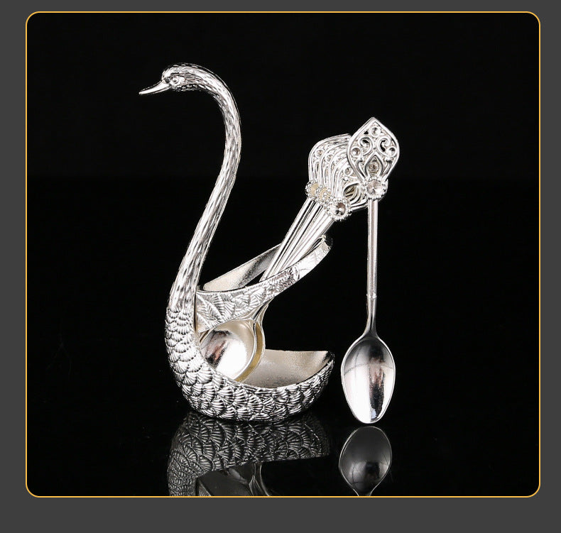 Silver Elegant Swan Cutlery Holder Set with 6 Dessert Spoons 4