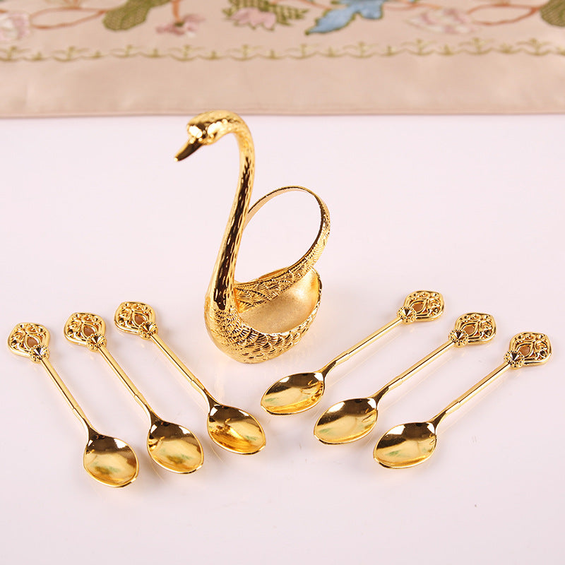 Gold Elegant Swan Cutlery Holder Set with 6 Dessert Spoons 3