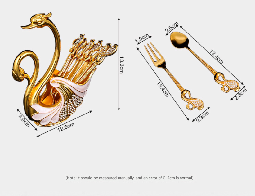 Gold Elegant Double Swan Cutlery Holder Set with 6pcs Spoons 3
