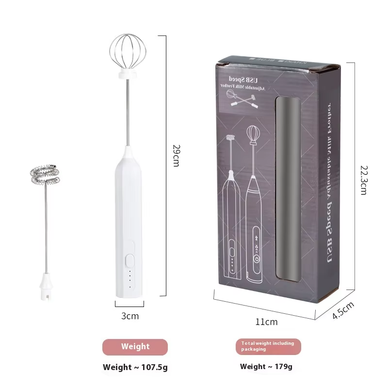 White Mini Hand Mixer with Frother & Balloon Whisk Heads - Rechargeable Kitchen Tool