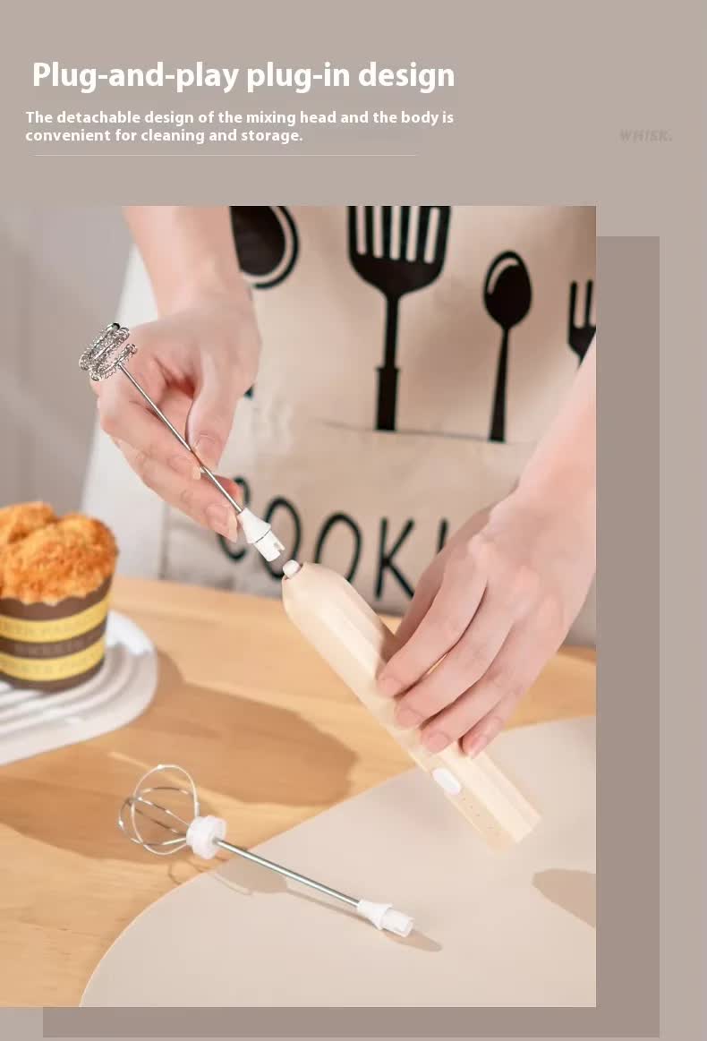 White Mini Hand Mixer with Frother & Balloon Whisk Heads - Rechargeable Kitchen Tool 3