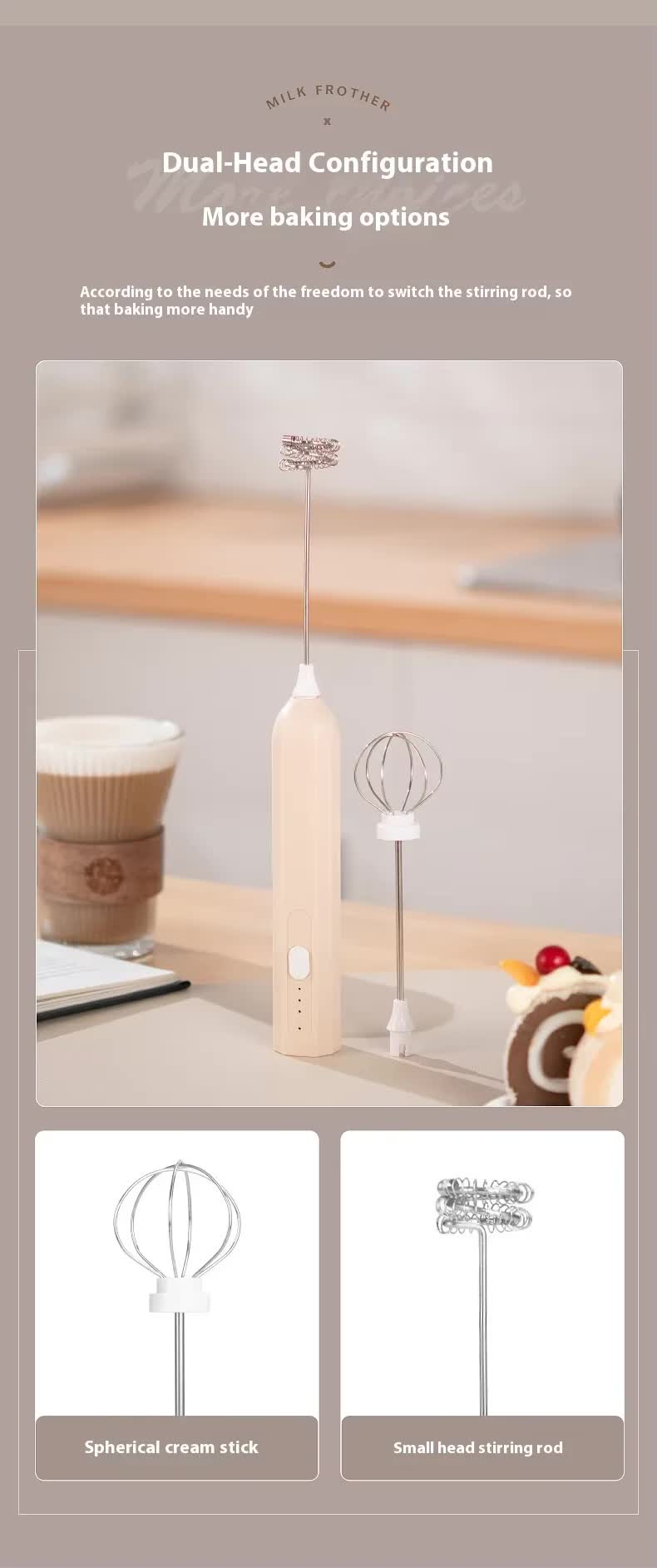 Black Mini Hand Mixer with Frother & Balloon Whisk Heads - Rechargeable Kitchen Tool 4