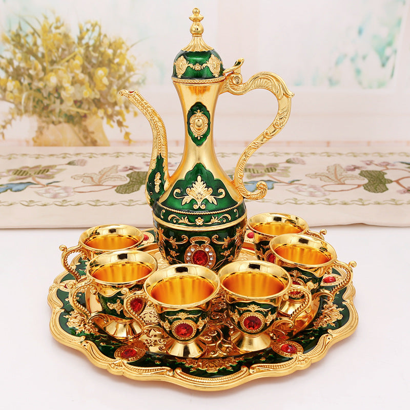 Elegant Gold Metal Serving Set - Decanter, 6 Cups, Tray (Gold Green)