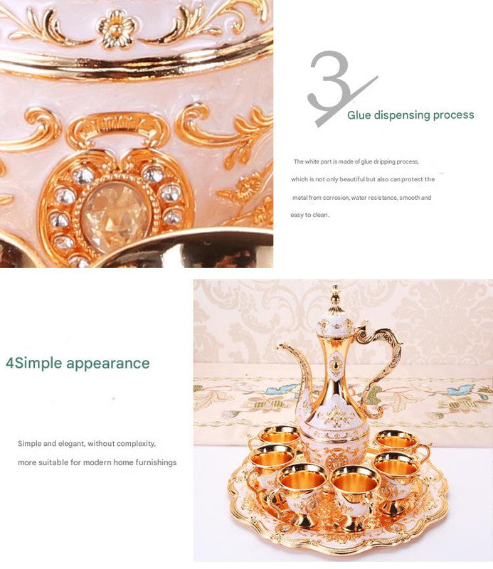 Elegant Gold Metal Serving Set - Decanter, 6 Cups, Tray (Gold Green) 3