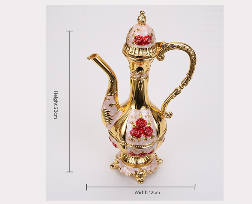 Vintage Palace Style Liquor Serving Set - Metal Pot, 6 Cups & Tray (White gold red rose) 3