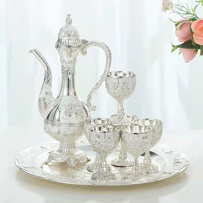 Vintage Palace Style Liquor Serving Set - Metal Pot, 6 Cups & Tray (Silver)