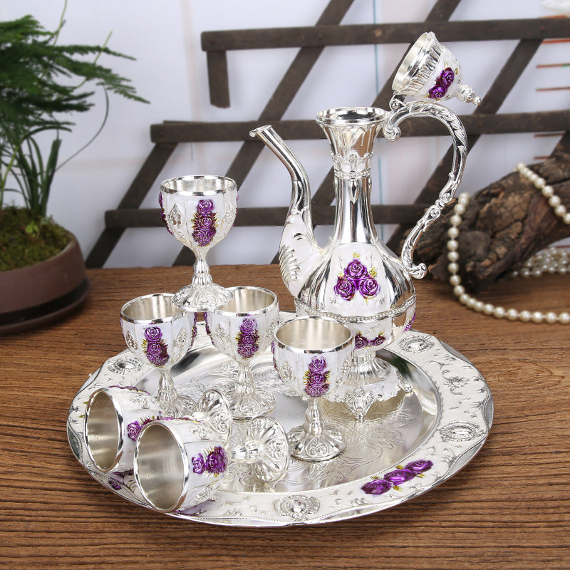 Vintage Palace Style Liquor Serving Set - Metal Pot, 6 Cups & Tray (Silver Purple Rose)