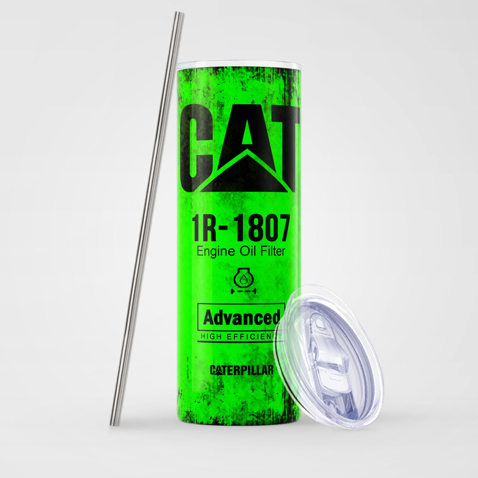 Green Skinny Tumbler (591ml) - Fun CAT Oil Filter Replica for Construction Fans 3