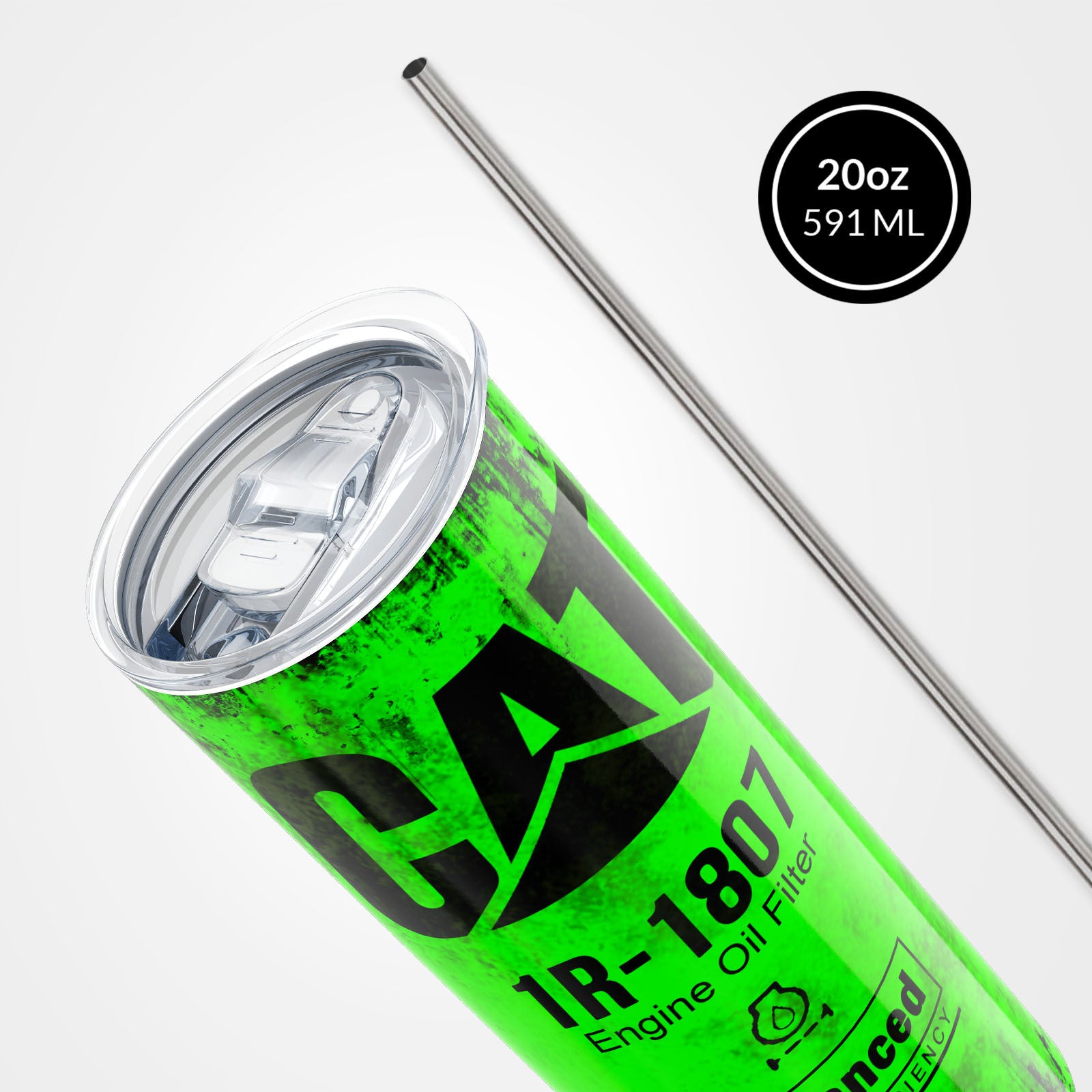Green Skinny Tumbler (591ml) - Fun CAT Oil Filter Replica for Construction Fans 5