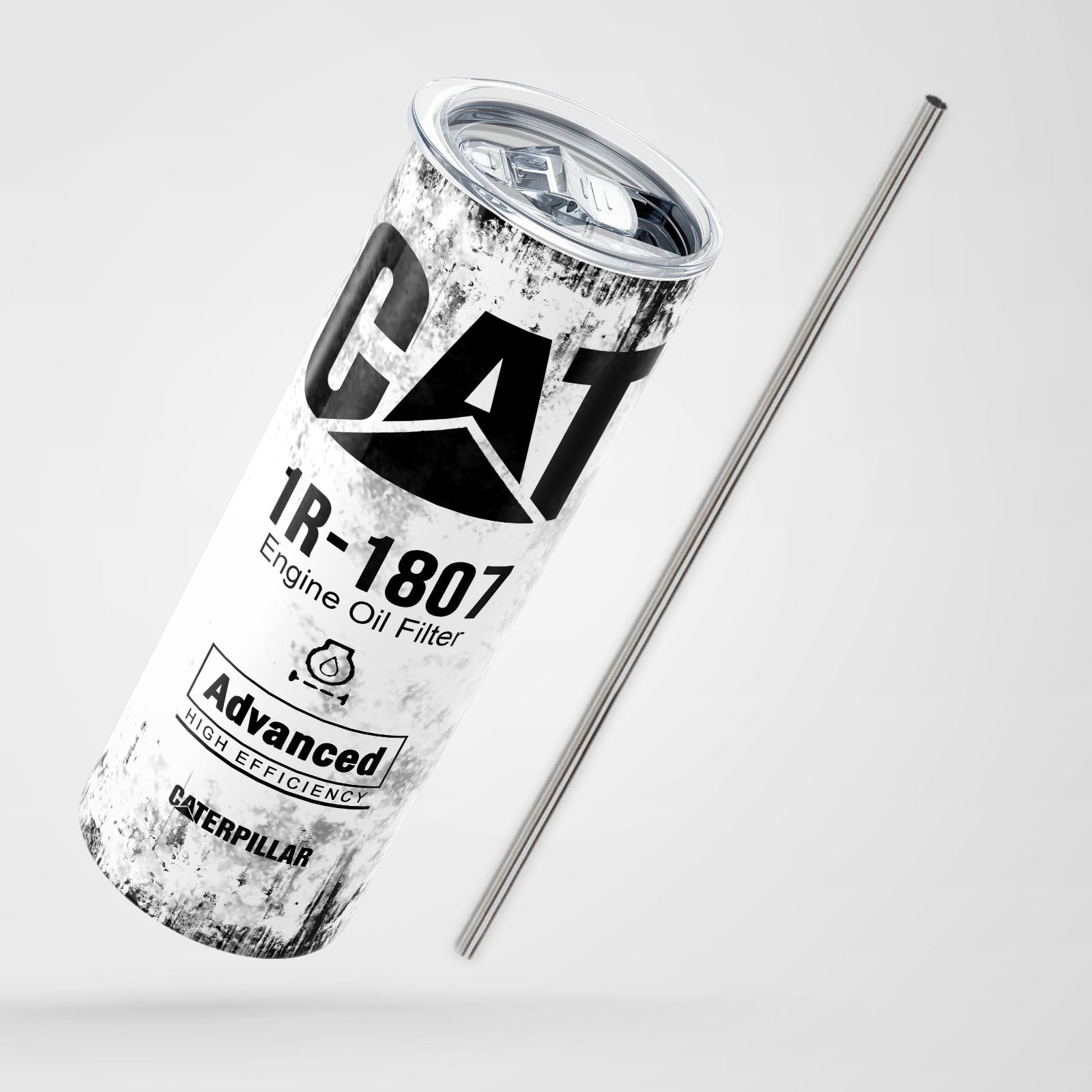 White Skinny Tumbler (591ml) - Fun CAT Oil Filter Replica for Construction Fans