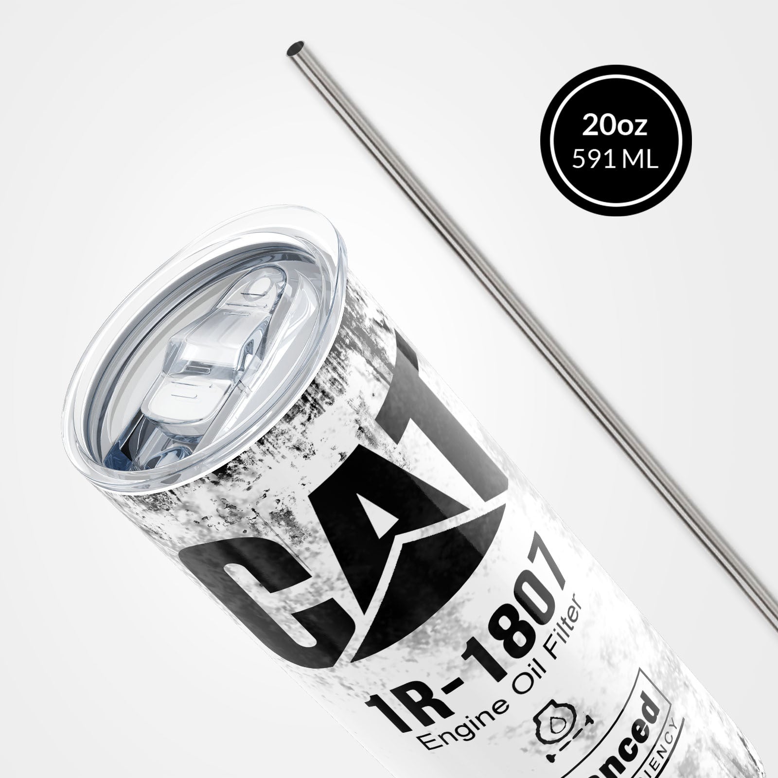 White Skinny Tumbler (591ml) - Fun CAT Oil Filter Replica for Construction Fans 3