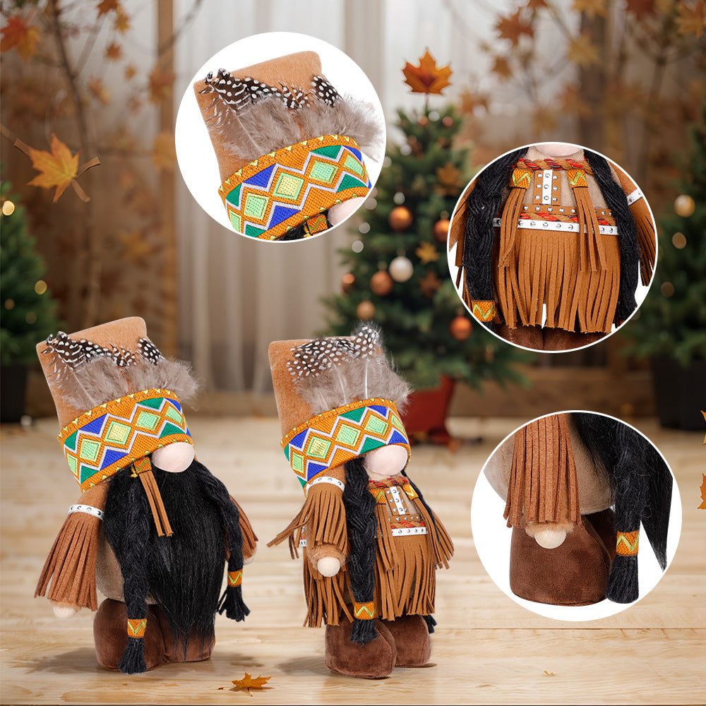 Plush Thanksgiving Dolls - Faceless Figures with Fringe & Braids (Set of 2) 3