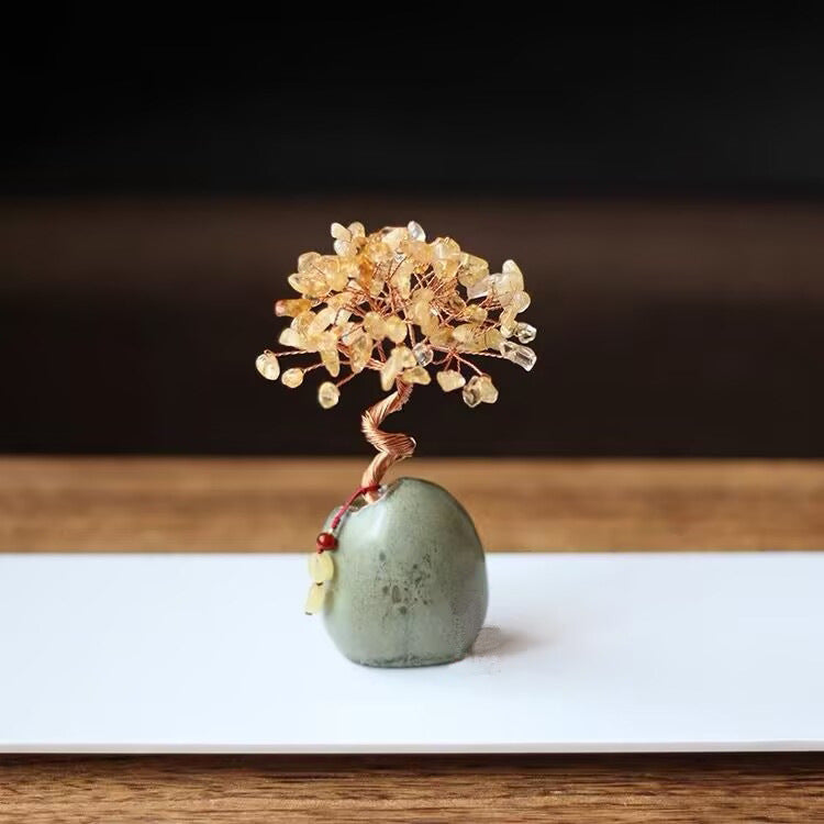 Yellow Vintage Crystal Money Tree Figurine for Home Decoration