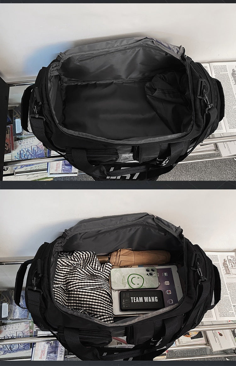 Black Unisex Travel Bag with Utility Buckles and Wet/Dry Compartments 5