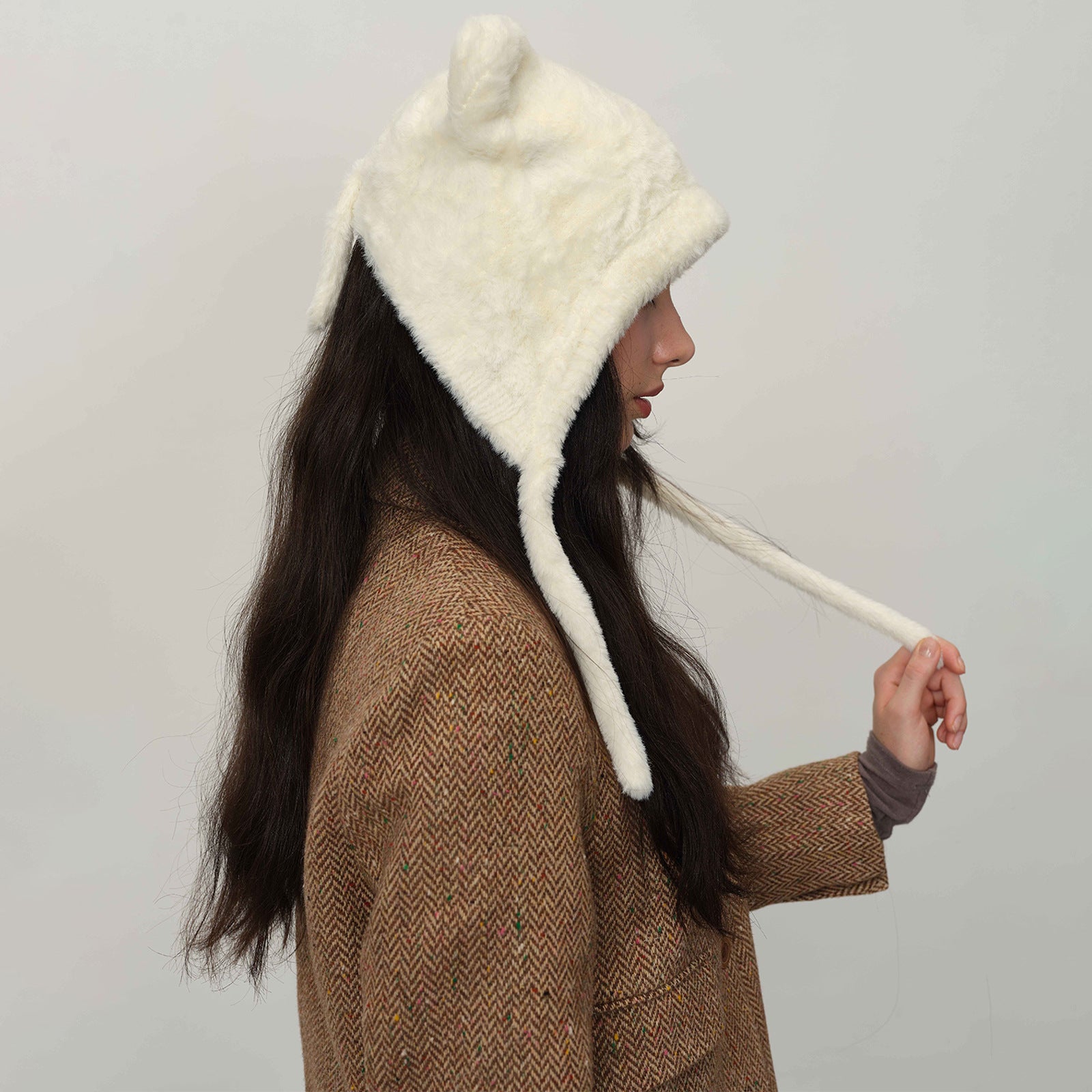 White Fluffy Cat Ear Winter Earflap Hat Women Knitted Warm Cold Weather Cap 3