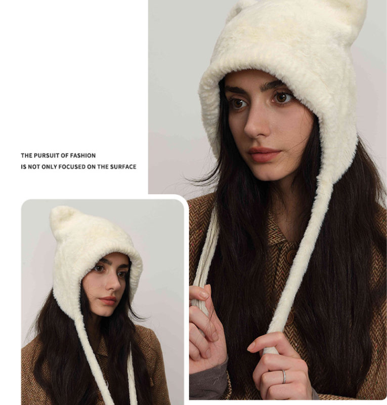 White Fluffy Cat Ear Winter Earflap Hat Women Knitted Warm Cold Weather Cap 4