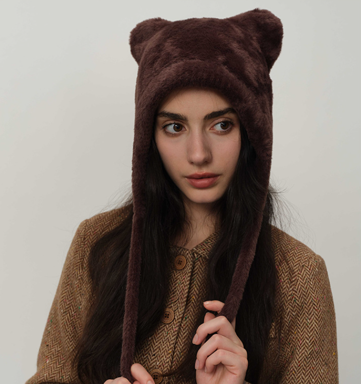 Dark brown Fluffy Cat Ear Winter Earflap Hat Women Knitted Warm Cold Weather Cap 3