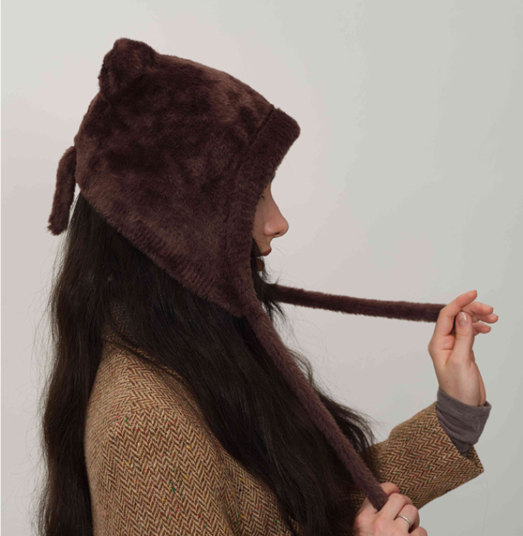 Dark brown Fluffy Cat Ear Winter Earflap Hat Women Knitted Warm Cold Weather Cap 4