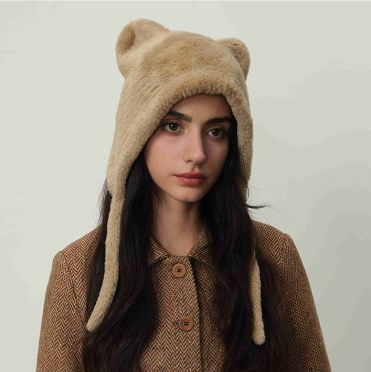 Beige Fluffy Cat Ear Winter Earflap Hat Women Knitted Warm Cold Weather Cap 3
