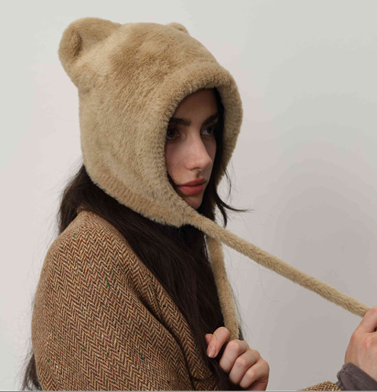 Beige Fluffy Cat Ear Winter Earflap Hat Women Knitted Warm Cold Weather Cap 4