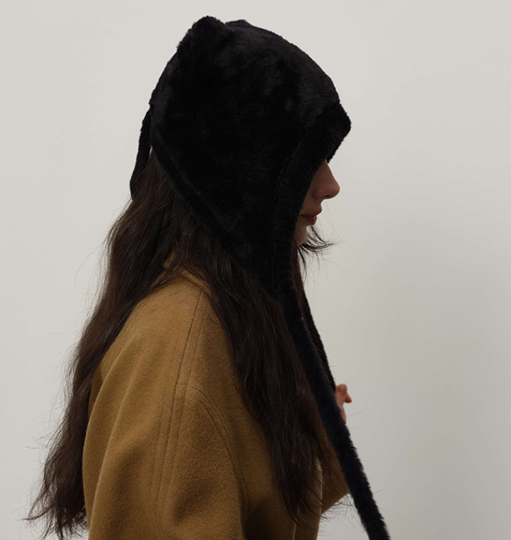 Black Fluffy Cat Ear Winter Earflap Hat Women Knitted Warm Cold Weather Cap 3