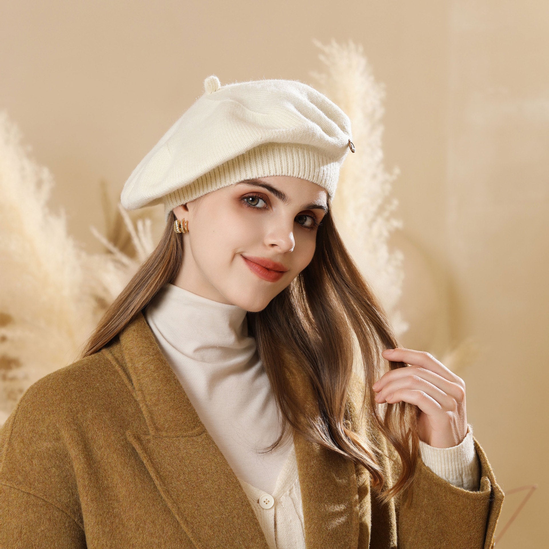White Vintage Inspired Knitted Beret - Stretchy & Comfortable Wool Blend Cap 3