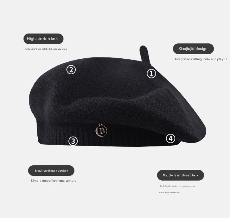 Black Vintage Inspired Knitted Beret - Stretchy & Comfortable Wool Blend Cap 5
