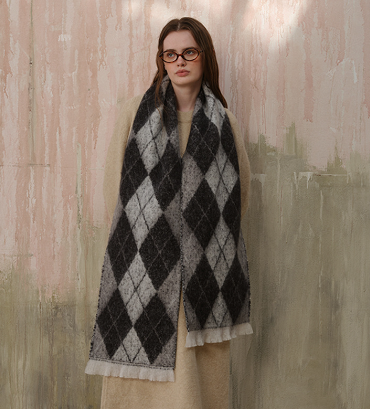 (Black+Grey)Two-Tone Argyle Pattern Scarf - Ladies' Warm Fashion Neckwear, 210x33cm 3