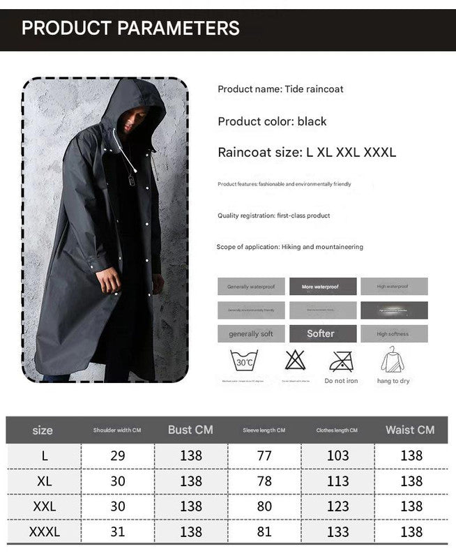 Stylish Black Trench Raincoat - Extra Long, Hooded, for Hiking & Fishing - L 5