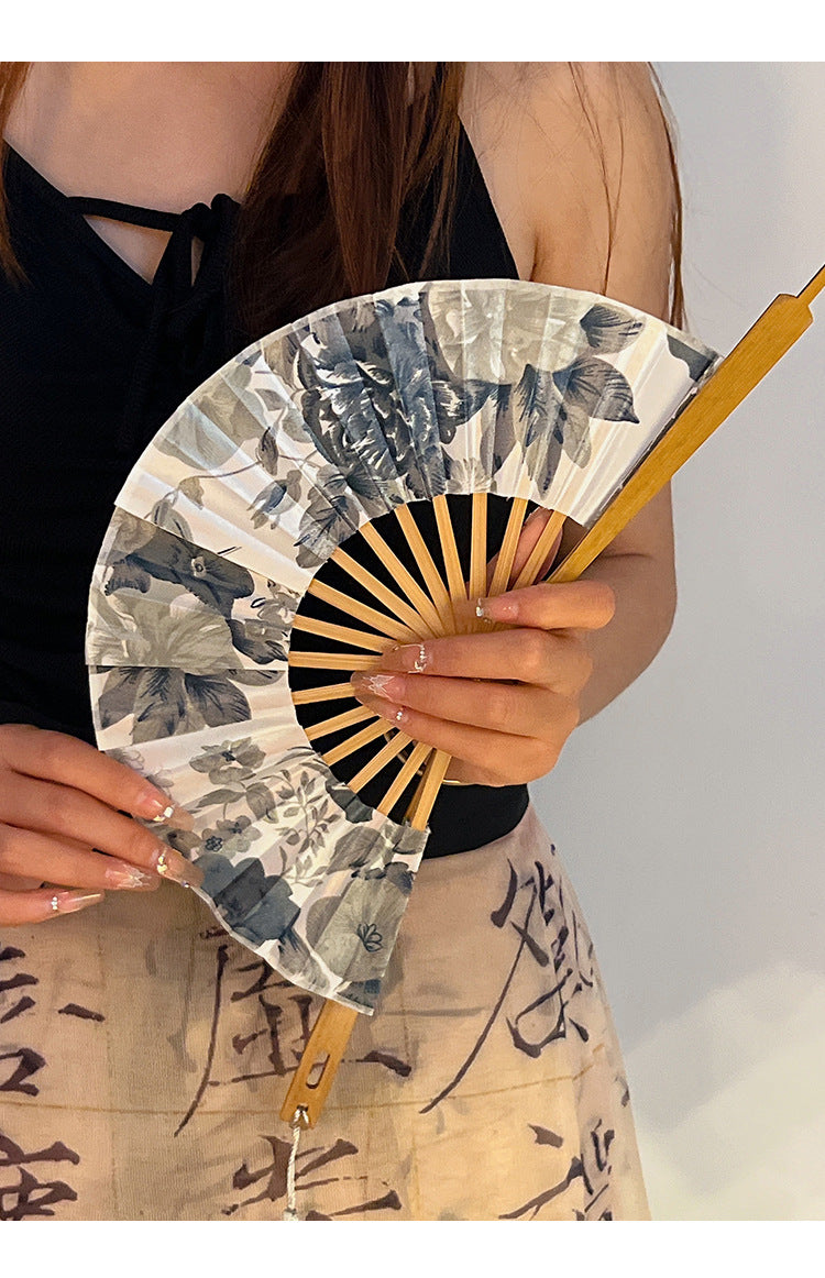 2 PCS Floral Bamboo Folding Hand Fan - Traditional Chinese Style Round Folding Design (Elegant ink flower) 4