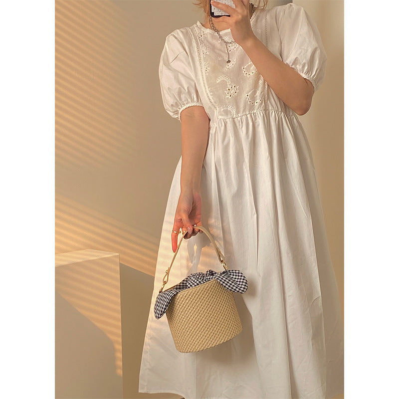 Woven Straw Bucket Bag with Gingham Bow Accent - Mini Top Handle & Crossbody 3