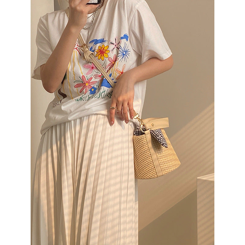 Woven Straw Bucket Bag with Gingham Bow Accent - Mini Top Handle & Crossbody 4
