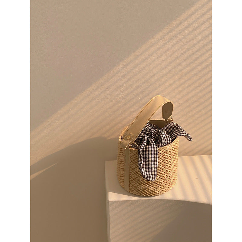 Woven Straw Bucket Bag with Gingham Bow Accent - Mini Top Handle & Crossbody 5