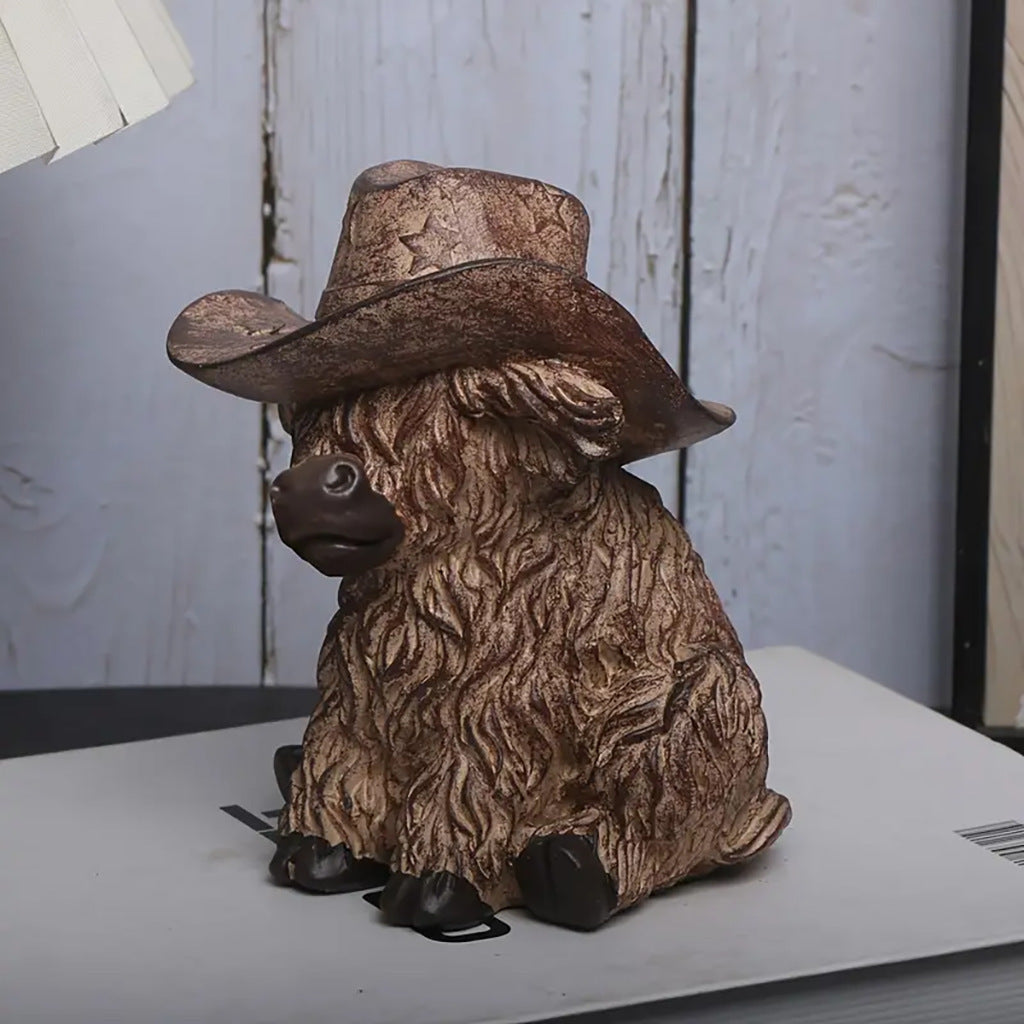 Rustic Highland Cow Statue with Cowboy Hat - Resin Farmhouse Decor 3