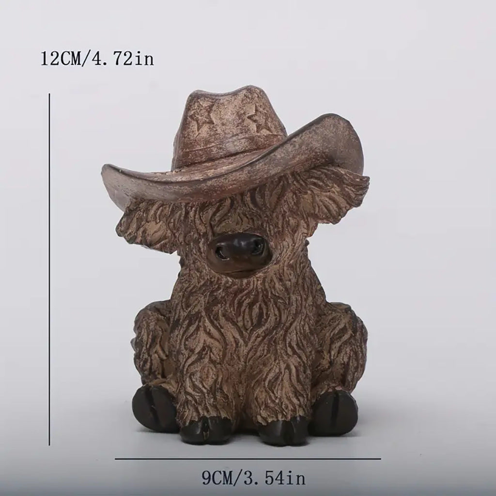 Rustic Highland Cow Statue with Cowboy Hat - Resin Farmhouse Decor 4