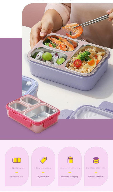 Purple 3-Compartment Stainless Steel Bento Lunch Box - Leak-Proof, for Kids & Adults for School & Office 4