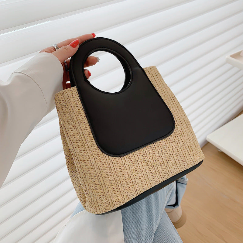 Retro Straw Tote Bag - Woven Handbag with Contrast Panel & Round Handles 3
