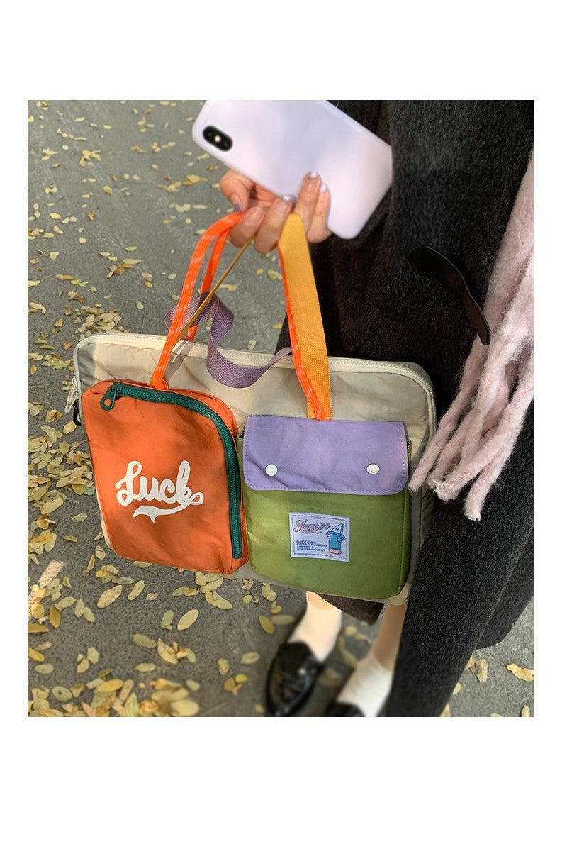 White Color Block Canvas Laptop Tote Bag - Funky Multi-Pocket Design for Women (37*31*3cm)