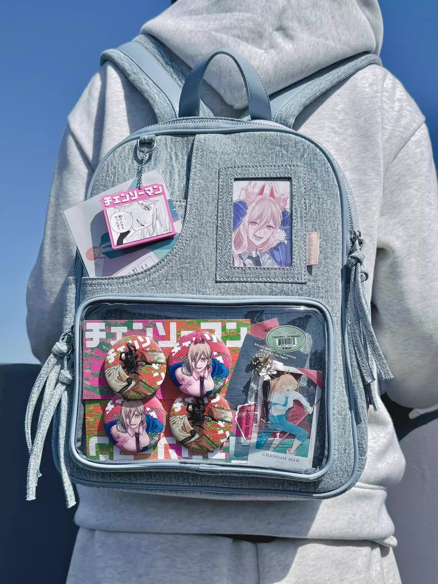 Light blue Large Capacity Anime Denim Bookbag for School Commute  Anime Fans