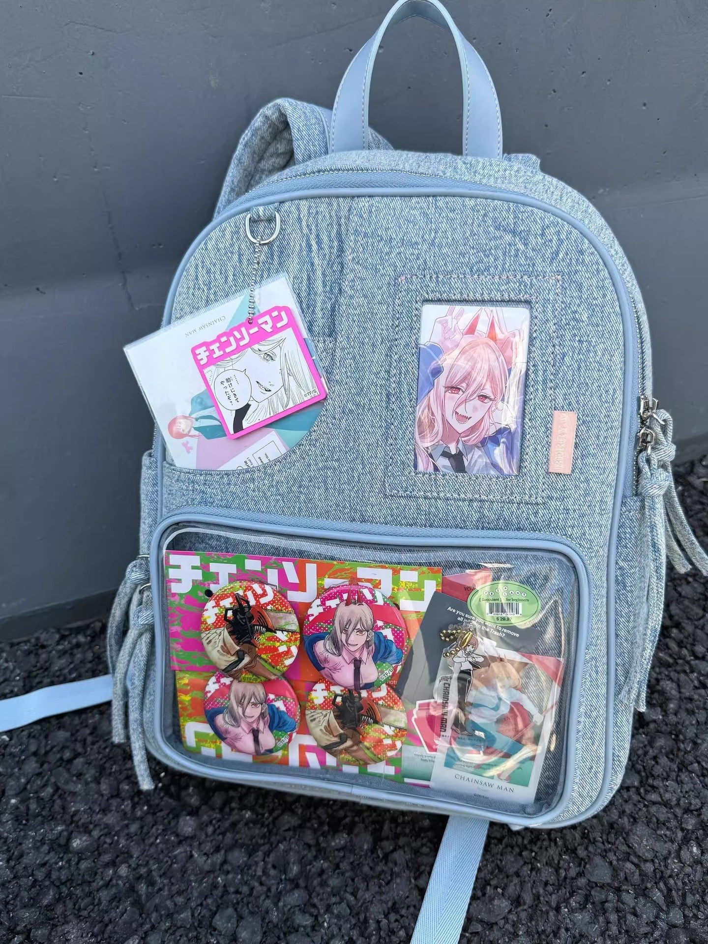 Light blue Large Capacity Anime Denim Bookbag for School Commute  Anime Fans 3