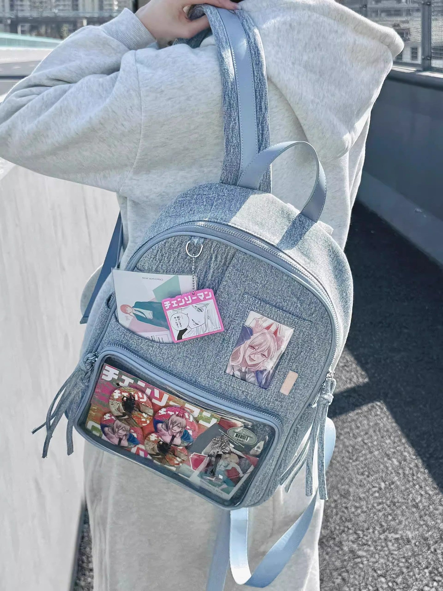 Light blue Large Capacity Anime Denim Bookbag for School Commute  Anime Fans 4