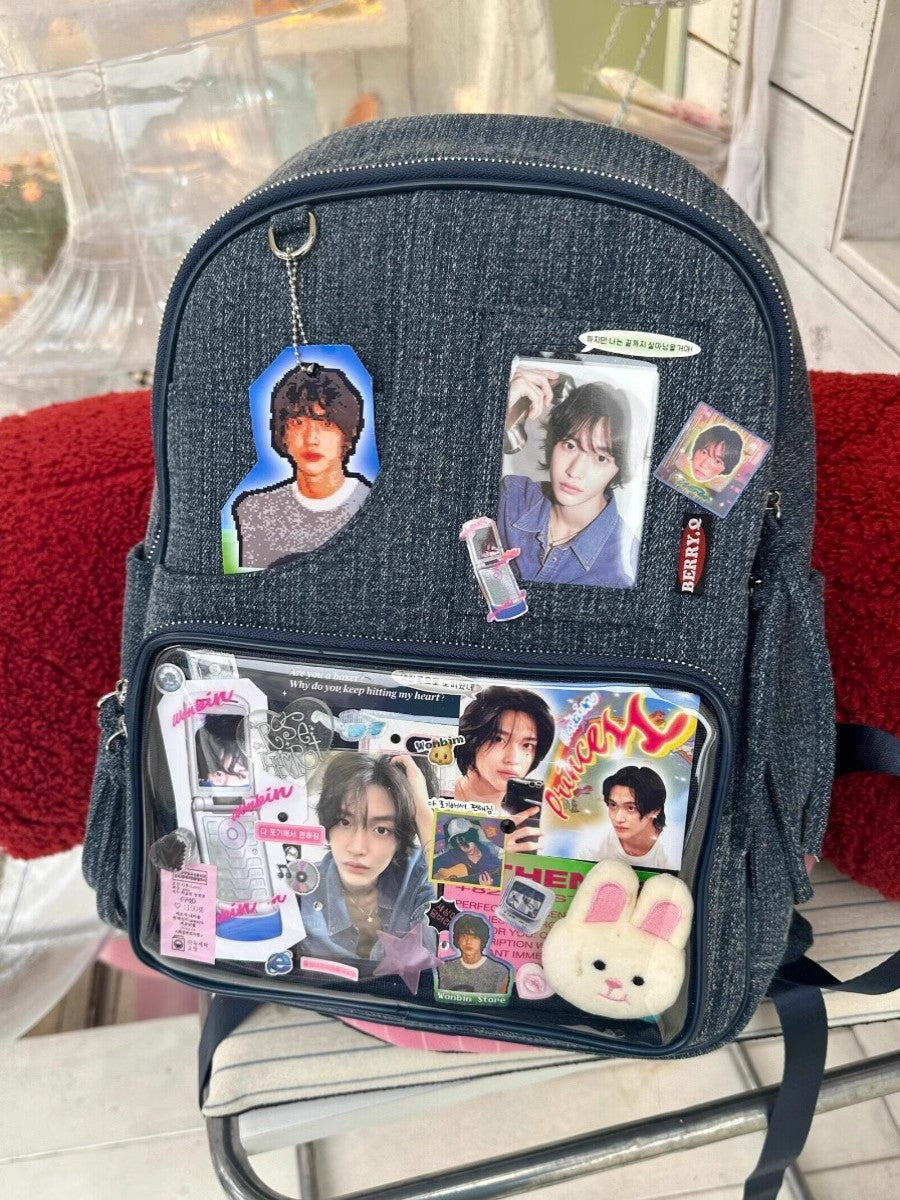 Dark blue Large Capacity Anime Denim Bookbag for School Commute  Anime Fans