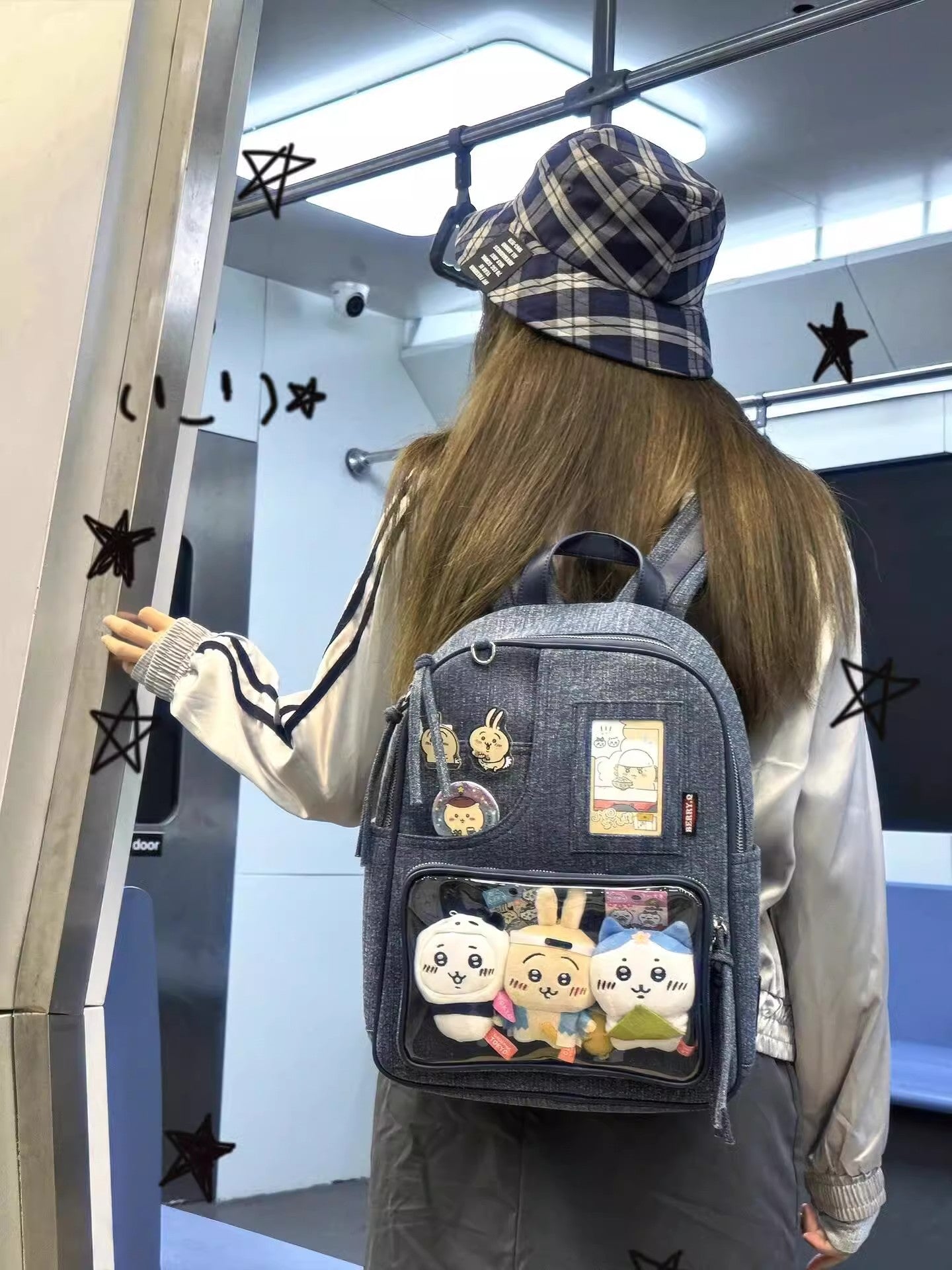 Dark blue Large Capacity Anime Denim Bookbag for School Commute  Anime Fans 5