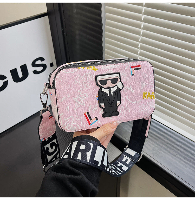 Pink Unique Doodle Print PU Leather Bag - Lightweight Crossbody with Character