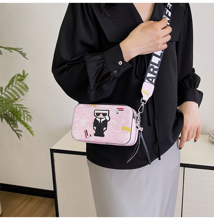Pink Unique Doodle Print PU Leather Bag - Lightweight Crossbody with Character 3